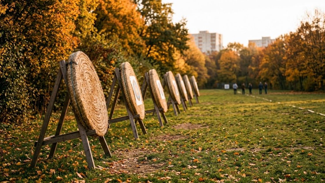 A row of straw-bale archery targets on a mown grass lane at the edge of a Berlin park in golden autumn light