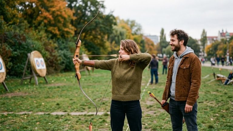 Archery in Berlin: two adults on an outdoor range in a park, one drawing a recurve bow while the other smiles