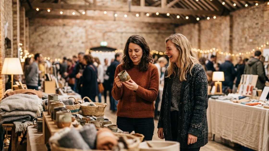 Two friends looking at handmade ceramics at an indoor winter craft fair