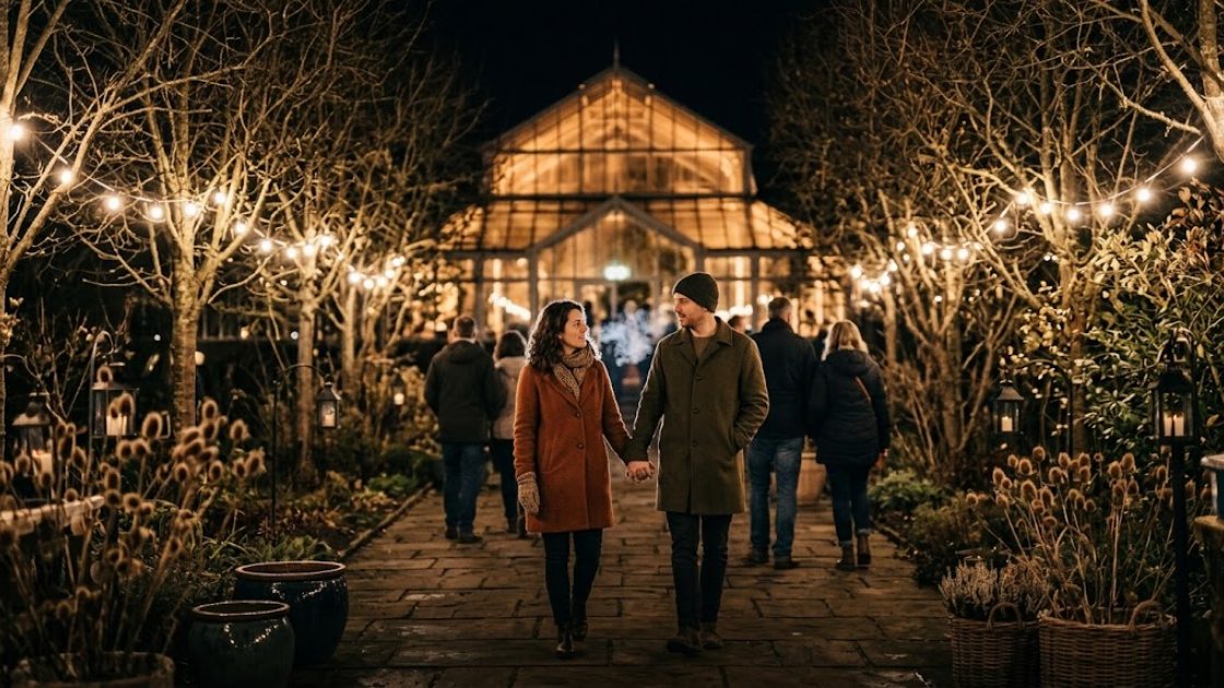 A couple in winter coats walking through a botanical garden lit with warm lights at night