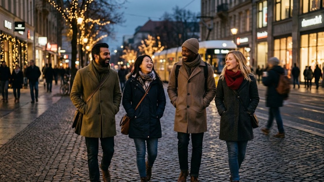 Berlin events in November: four friends laughing as they walk down a lit Berlin street on a cold evening