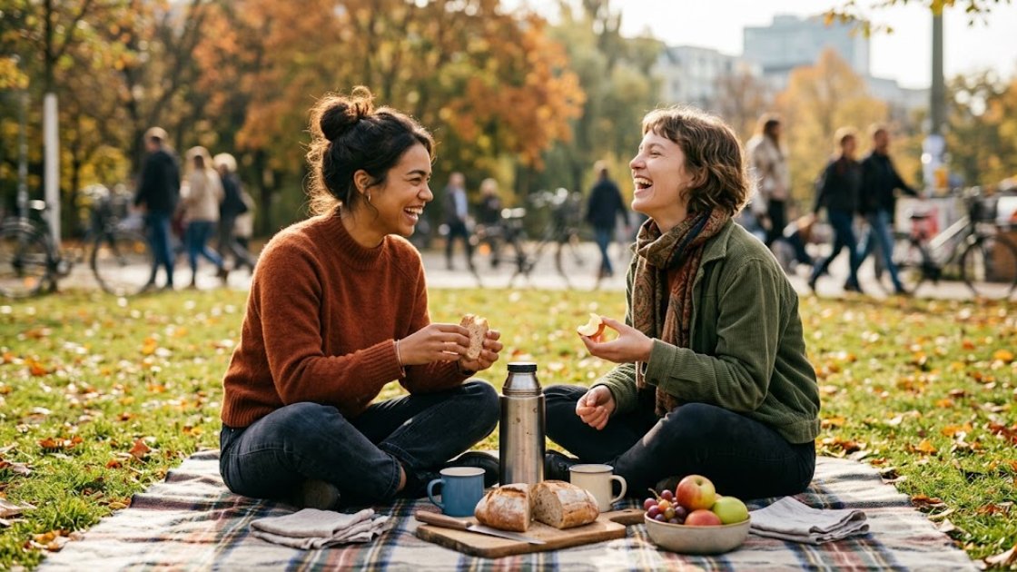 Two friends sharing a simple picnic on the grass in a Berlin park on a bright autumn afternoon.