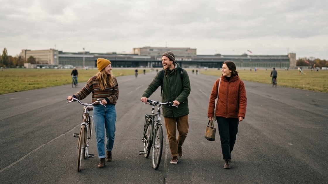 A group of friends cycling and walking across the wide open runways of Tempelhofer Feld in Berlin.