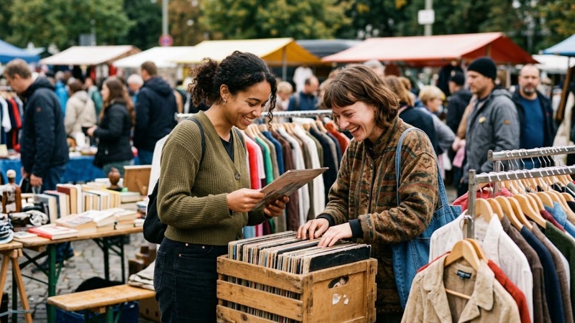 Two friends browsing records and vintage stalls at a busy Sunday flea market in Berlin's Prenzlauer Berg.