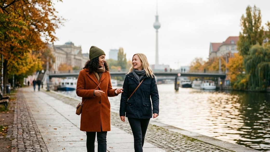 Cheap weekend in Berlin: two friends walking along the Spree with the TV tower behind them on an autumn morning.