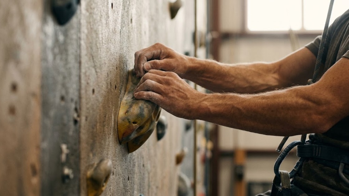 A climber&rsquo;s chalked hands gripping a plastic hold on an indoor climbing wall.
