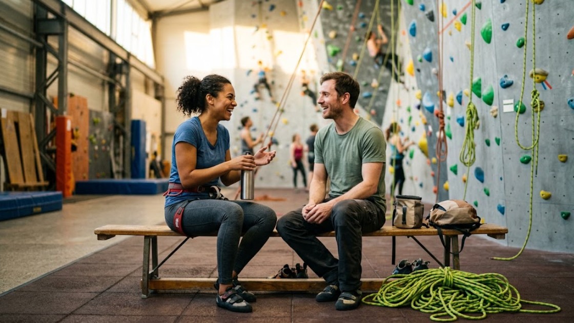 Two climbers sitting on a bench at the foot of an indoor climbing wall, talking between attempts, a coiled rope beside them.