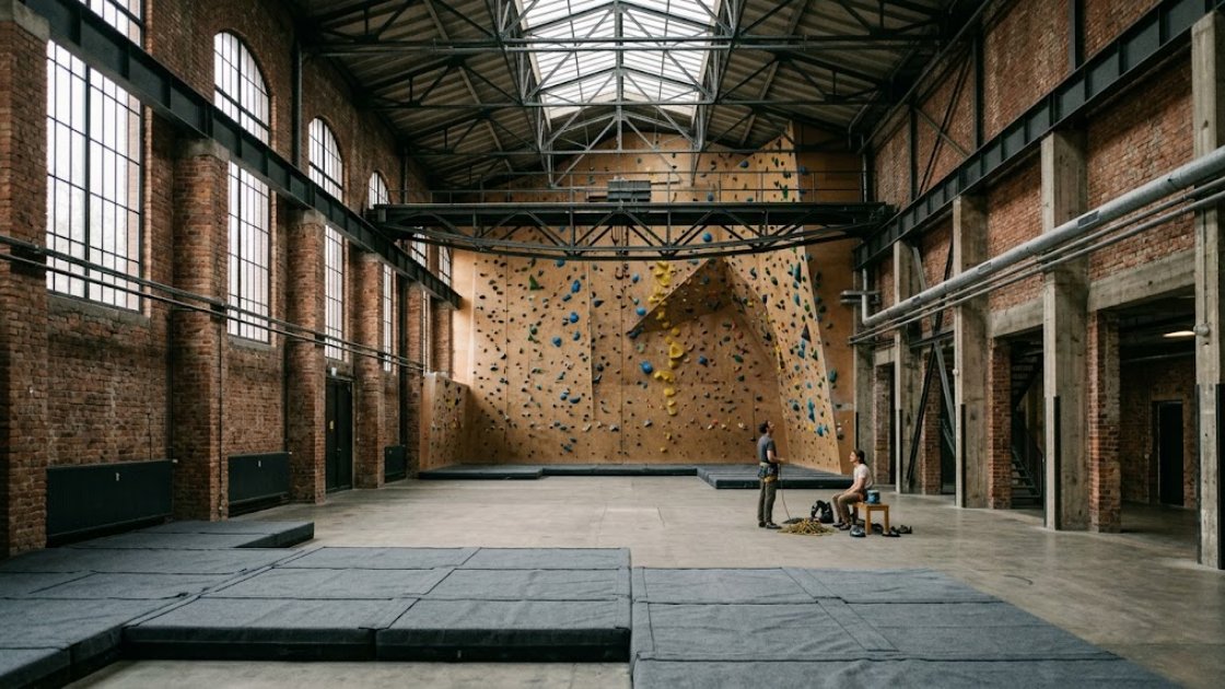 The wide interior of a converted industrial climbing hall, with a tall holds-covered wall and crash mats on the floor.