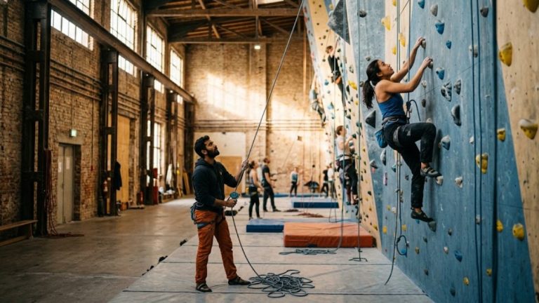 Climbing gyms in Berlin: a climber on a high roped wall while a partner belays from the floor of a converted industrial hall.