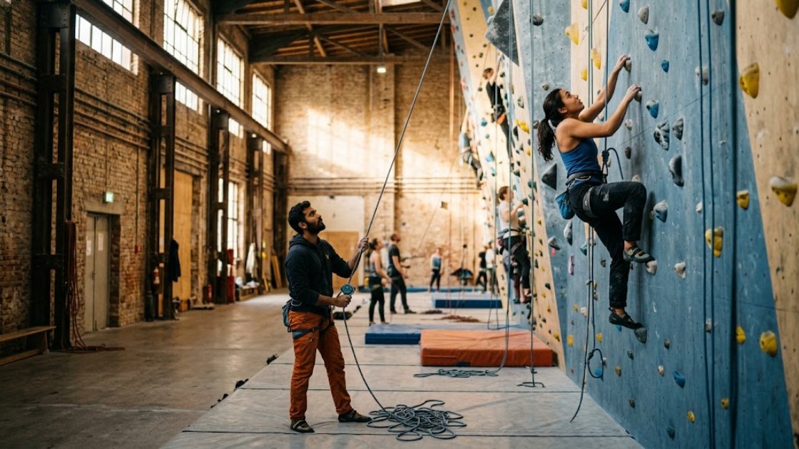 Climbing gyms in Berlin: a climber on a high roped wall while a partner belays from the floor of a converted industrial hall.