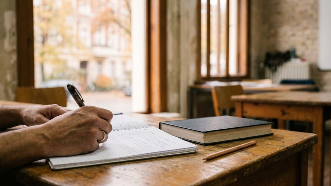A student writing in a ruled notebook beside a textbook during a German class