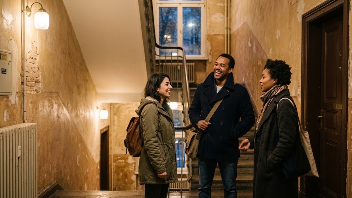 Three language students talking and laughing in a Berlin stairwell after an evening class
