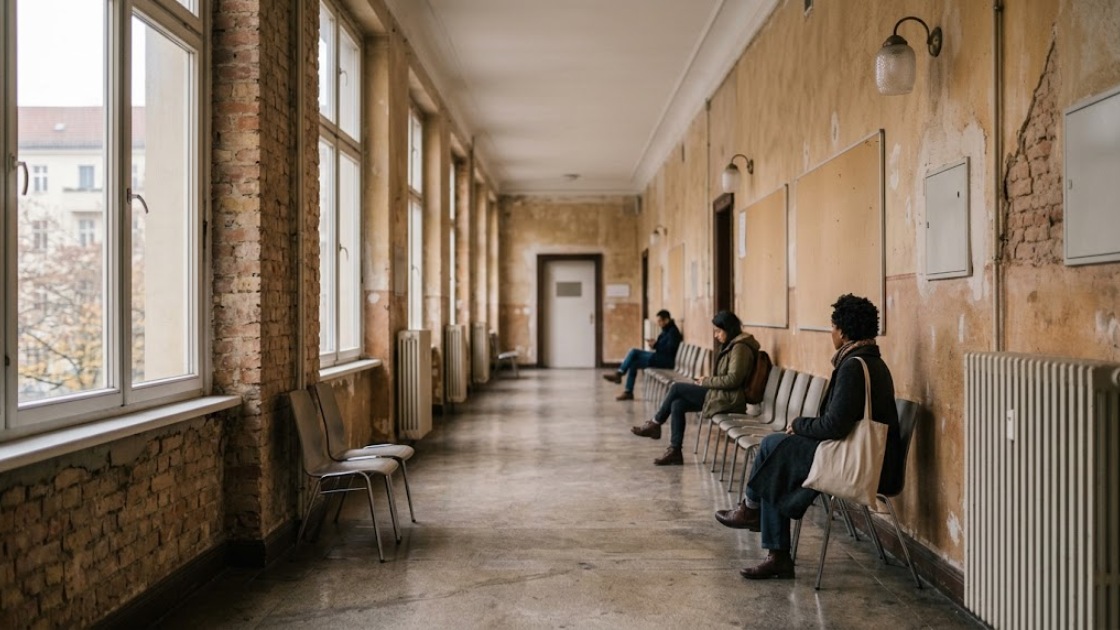A corridor of empty chairs in a Berlin adult education building on a weekday morning