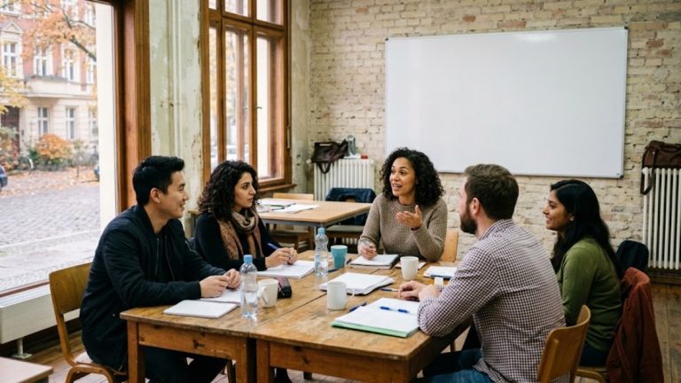 German classes in Berlin: six adults sitting around a table in a language class, one speaking while the others listen