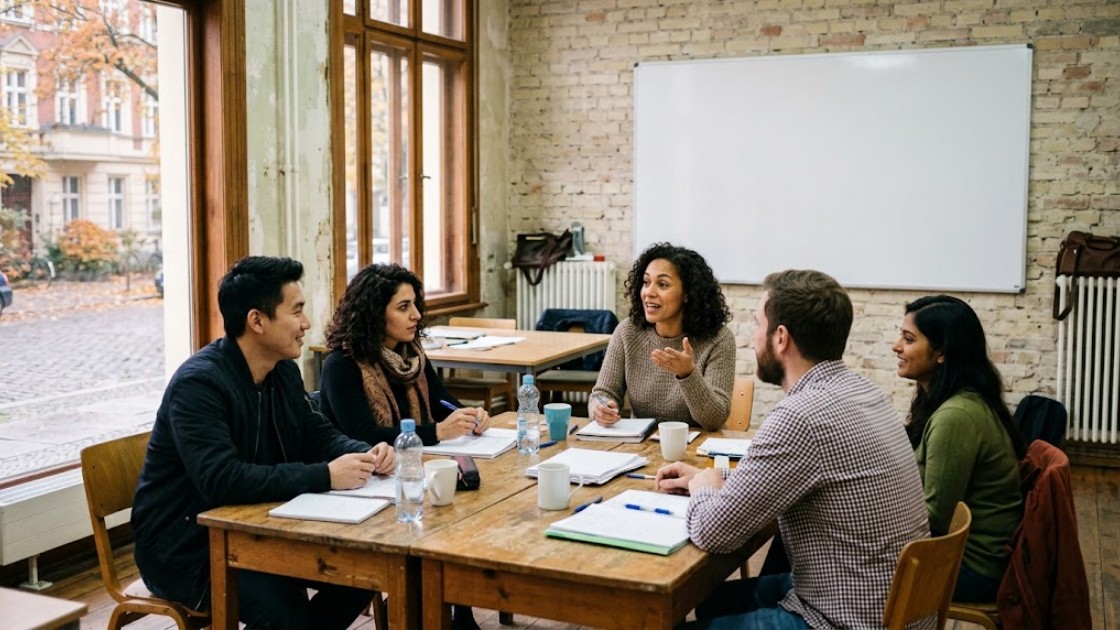German classes in Berlin: six adults sitting around a table in a language class, one speaking while the others listen