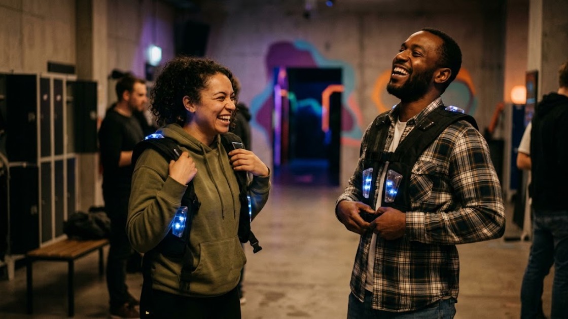 Two friends laughing together after a laser tag game in an arena lobby in Berlin
