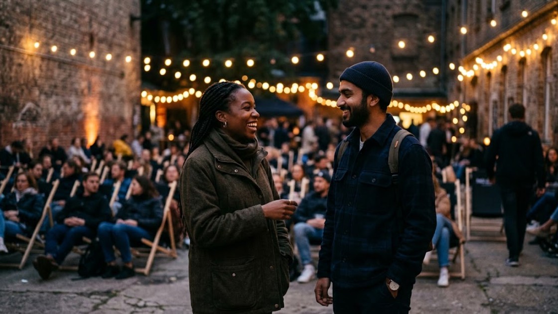 Two friends laughing together at the back of a Berlin open air cinema courtyard before the film