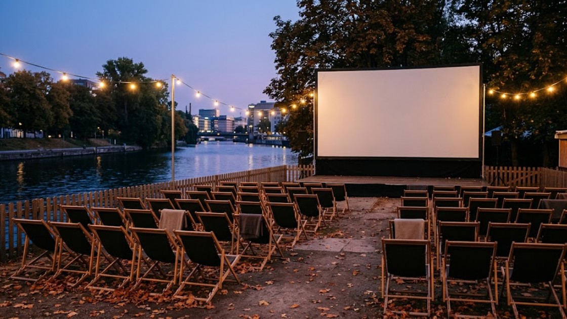 Empty deckchairs facing a blank screen beside the water at a Berlin open air cinema at blue hour