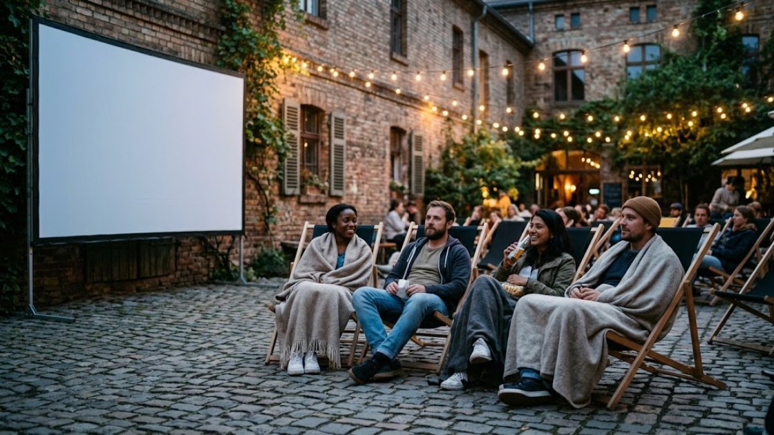 Open air cinema in Berlin: four people under blankets on deckchairs in a brick courtyard watching a blank screen at dusk