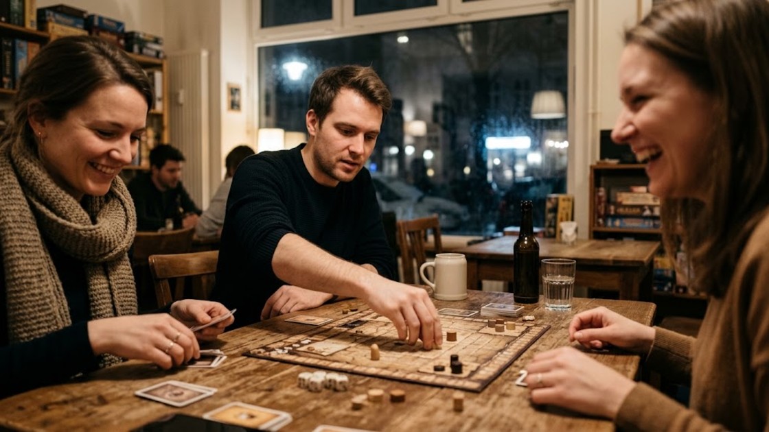 Three friends playing a board game around a wooden table in a cosy café on a dark winter evening.