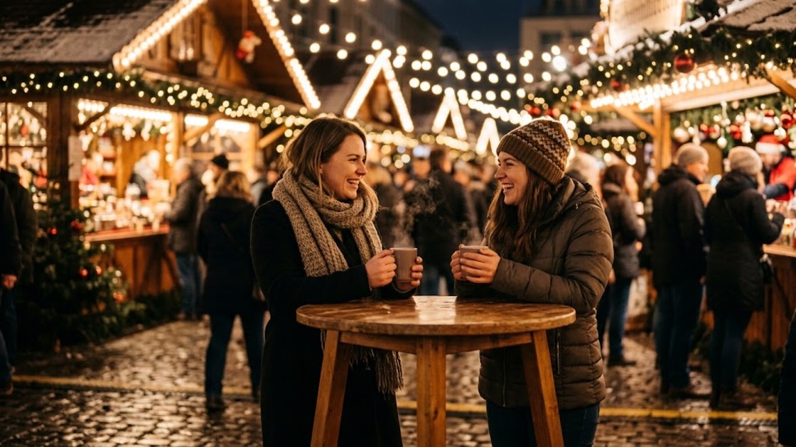 Two friends holding hot drinks at a wooden table at an outdoor Christmas market after dark.