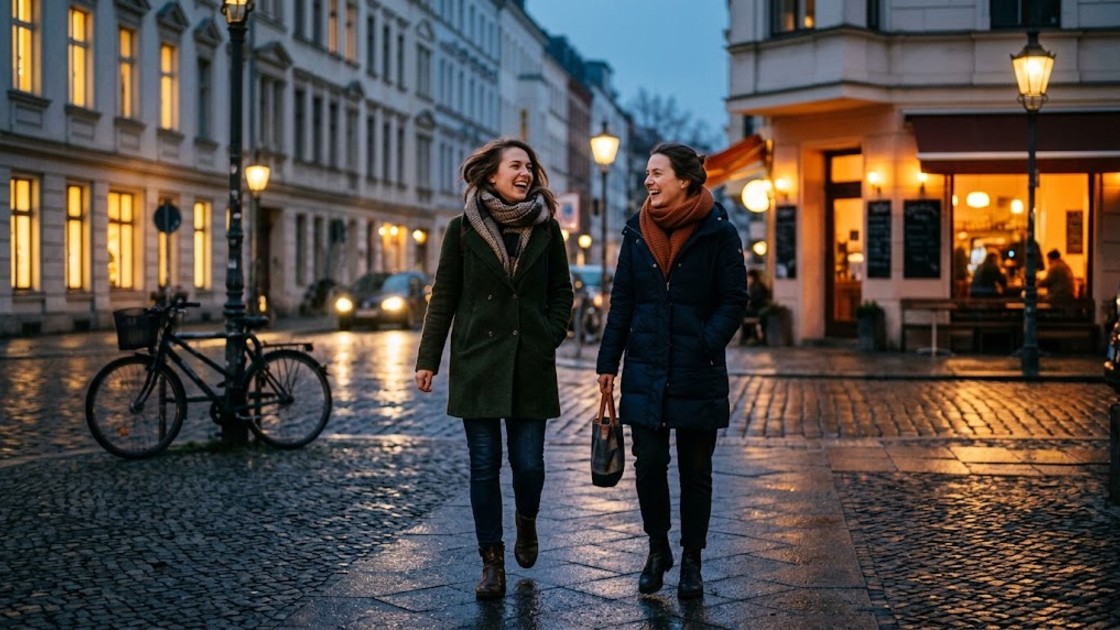 Winter in Berlin: two friends laughing as they walk down a cobbled street at blue hour, with warm light in the windows behind them.