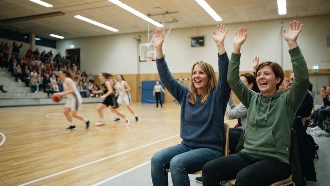 Two friends cheering in the front row at a women's basketball game in a small sports hall