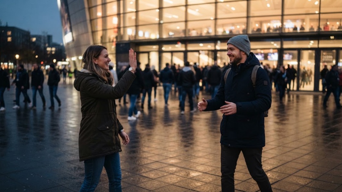 ALBA Berlin tickets: two friends meeting outside the arena before a basketball game on a November evening