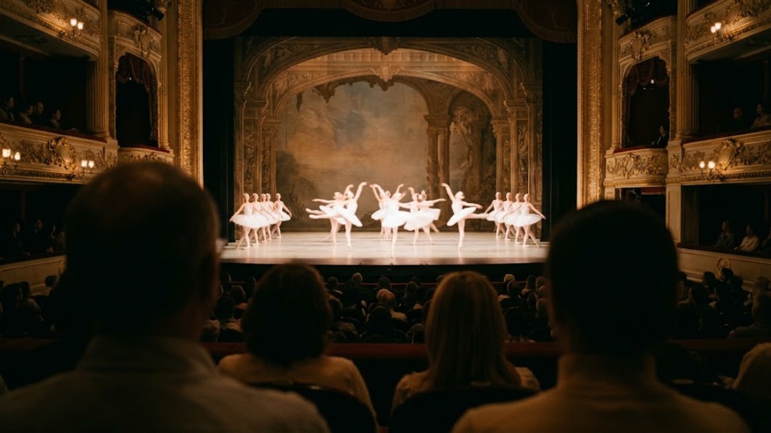 Dancers in white tutus on a classical theatre stage, seen over the heads of the audience