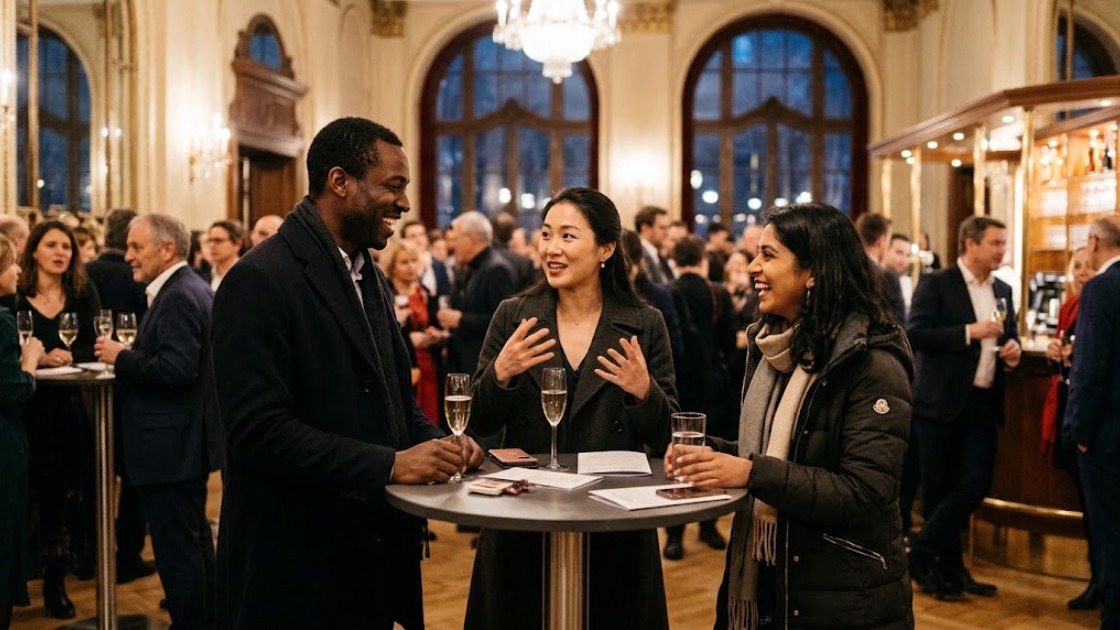 Three friends talk at a high table in a theatre foyer bar during the interval