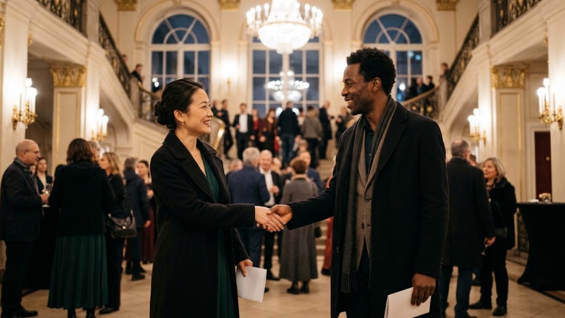 Ballet in Berlin: two new acquaintances shake hands in a chandeliered opera house foyer before a winter ballet performance