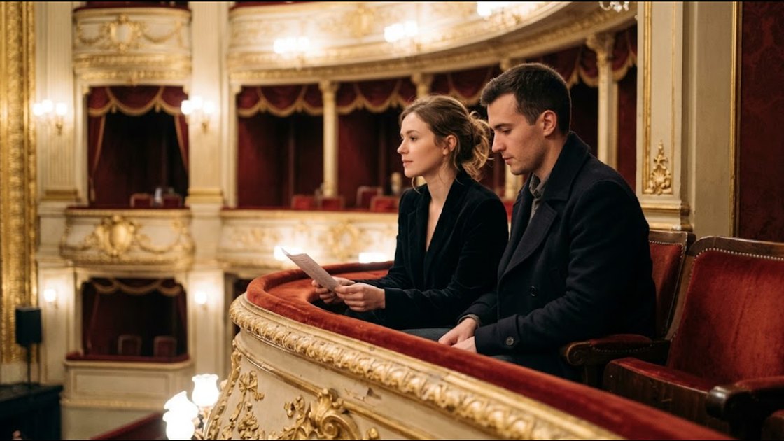 Two friends in red velvet seats on an opera house balcony, one holding a programme