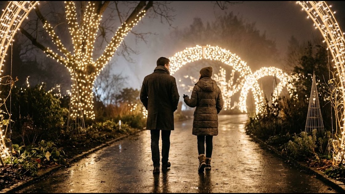 Two friends walking along a path through a garden lit with fairy lights and light arches at night