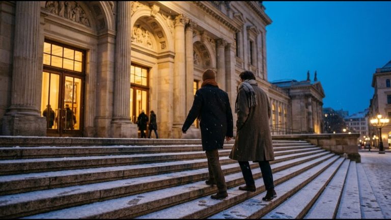 Two friends in winter coats walking up snowy stone steps into a lit concert hall at dusk