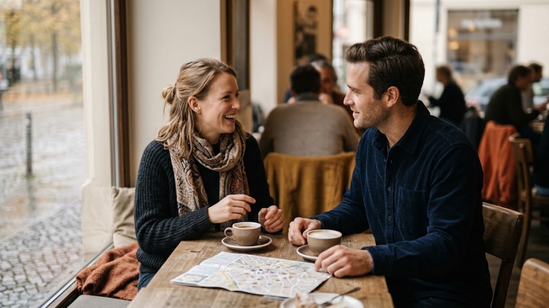 Two people chatting over coffee and a paper map at a cafe table