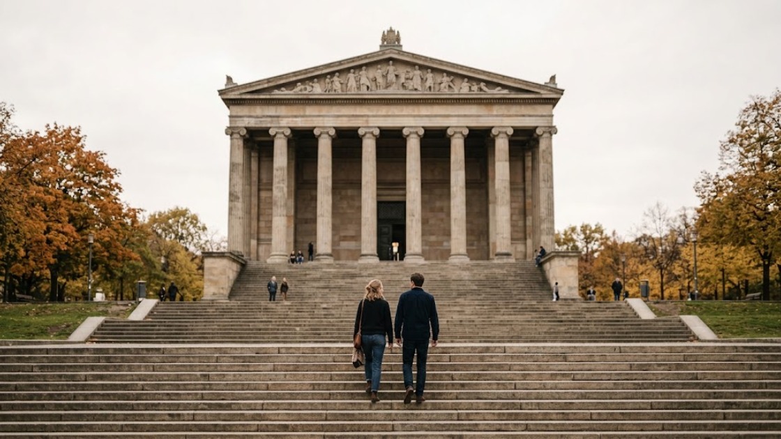 Two friends walking up stone steps towards a columned museum building