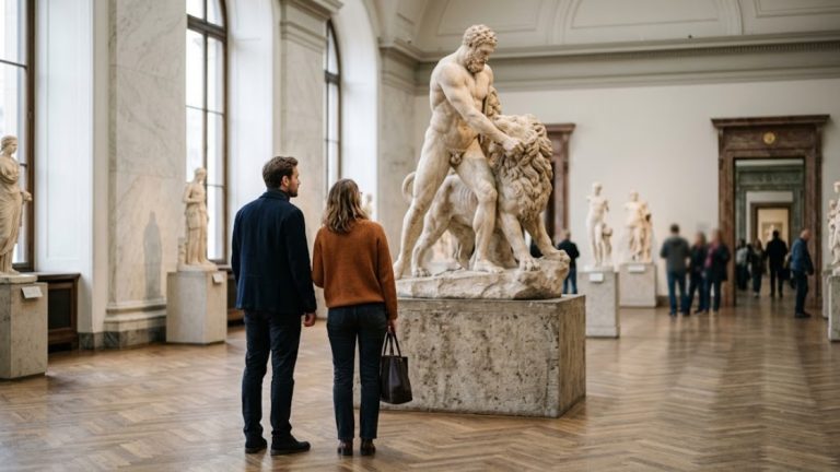 Berlin Museum Pass: two visitors looking at a marble sculpture in a museum gallery