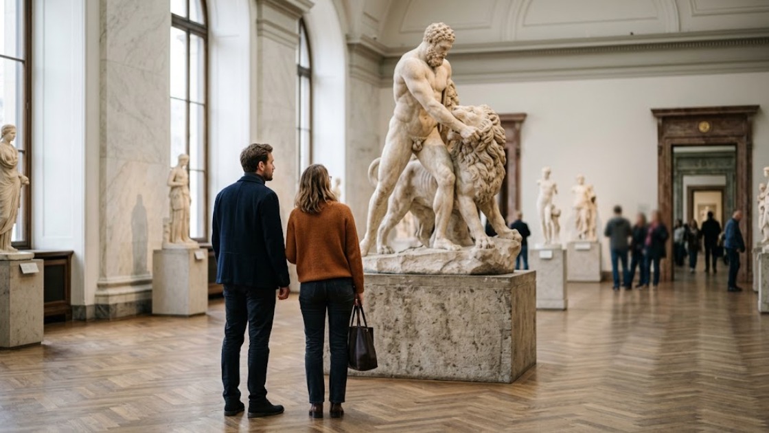 Berlin Museum Pass: two visitors looking at a marble sculpture in a museum gallery