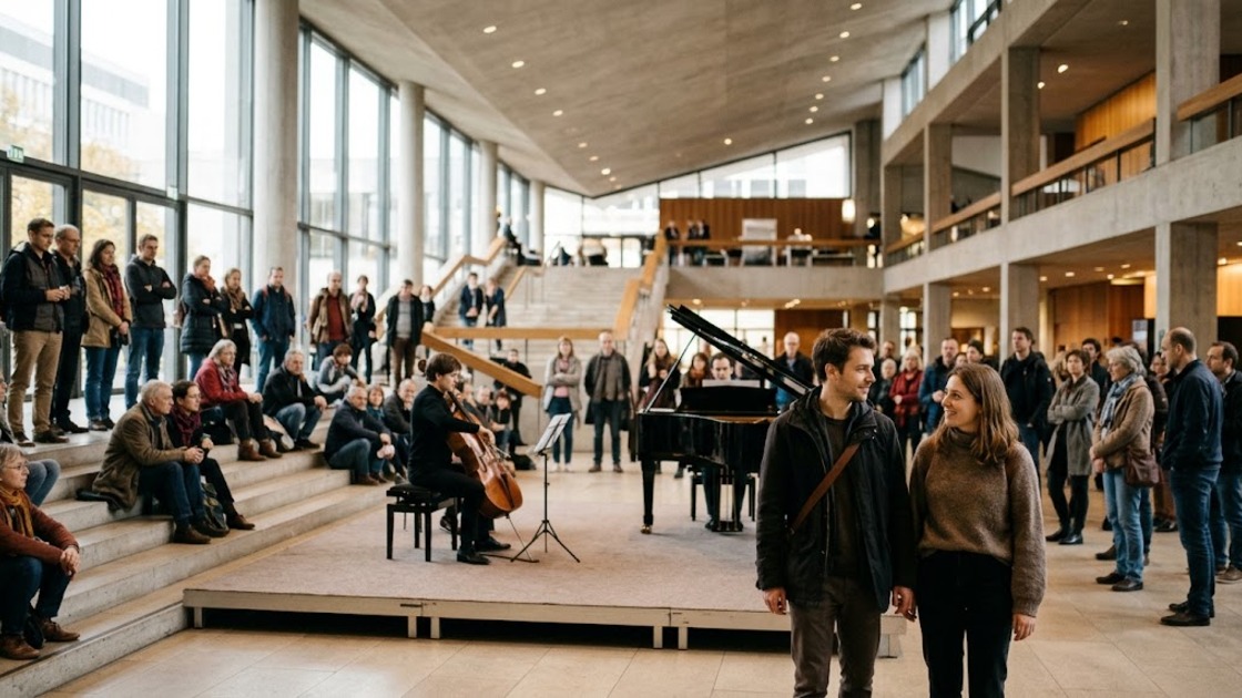 Two friends listen to a free lunchtime chamber concert in a busy concert hall foyer