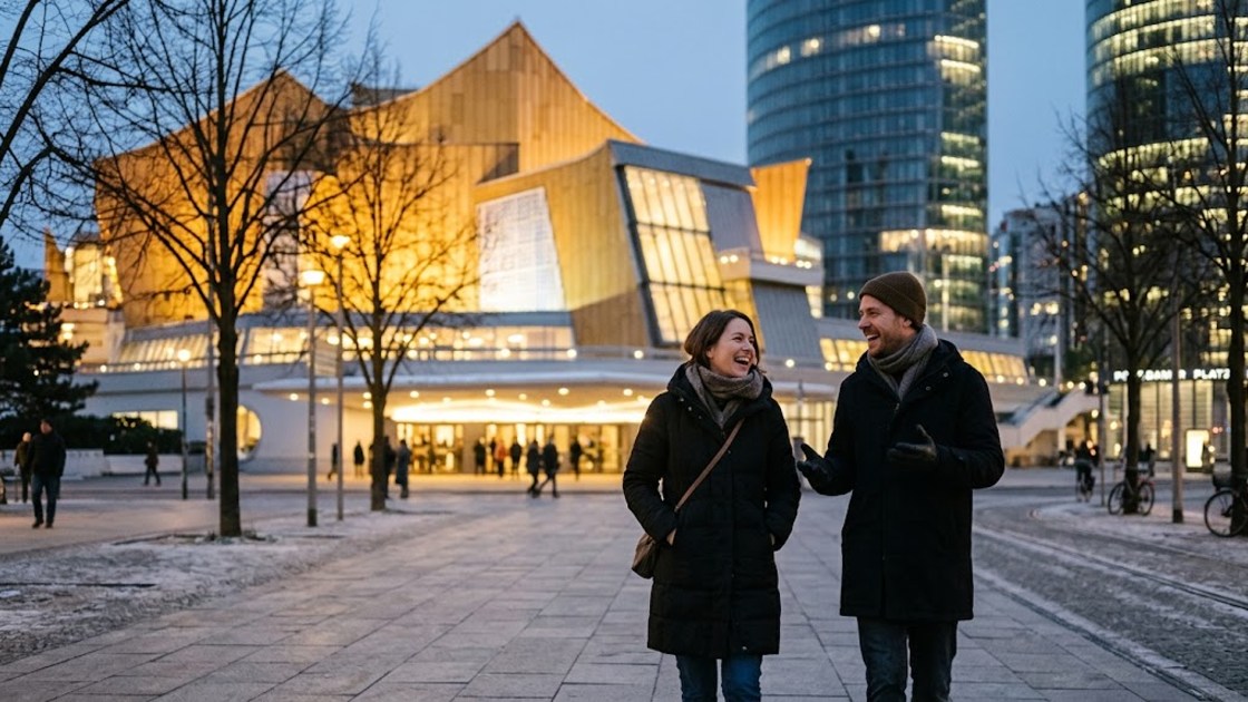 Two friends walk to an evening concert past a golden-lit modernist concert hall in Berlin at blue hour