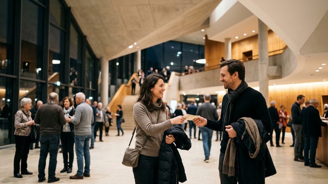 Berlin Philharmonic tickets: two friends meet in a concert hall foyer and one hands the other a ticket