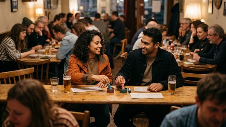 Bingo in Berlin: two new acquaintances sitting down side by side with bingo cards and dabbers at a shared bar table