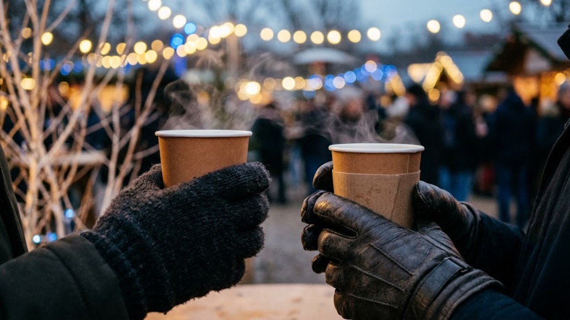 Two pairs of gloved hands holding steaming paper cups on a winter evening, string lights blurred behind