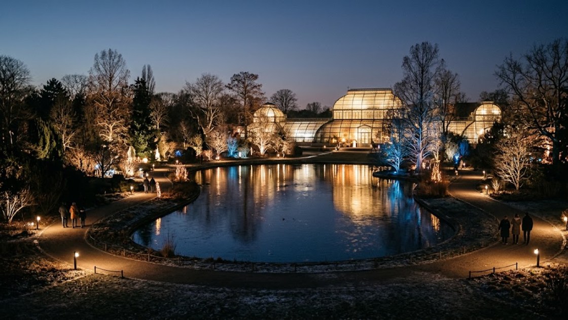 A large botanical garden at night with a pond reflecting glowing light installations and a glass house