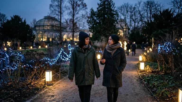 Christmas Garden Berlin: two friends in winter coats walking a lantern-lit botanical garden path at dusk