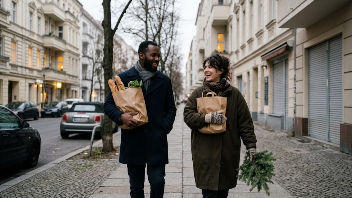Two friends walk down a quiet Berlin street on Christmas Eve afternoon with grocery bags, past closed shop shutters