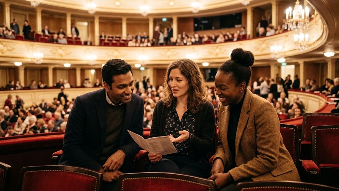 Three friends chat in the upper tier of an opera house before a December evening performance