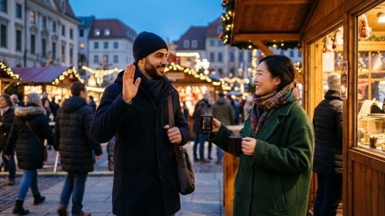 Christmas in Berlin: two people meet at a Christmas market stall at dusk, one waving hello, the other offering a hot drink