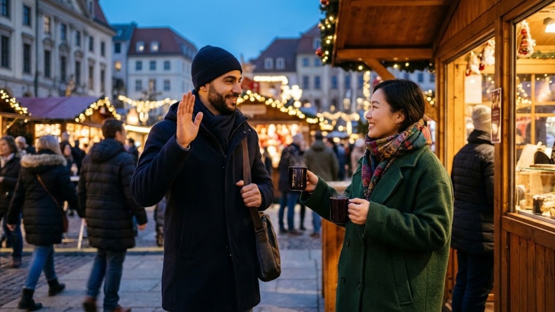 Christmas in Berlin: two people meet at a Christmas market stall at dusk, one waving hello, the other offering a hot drink