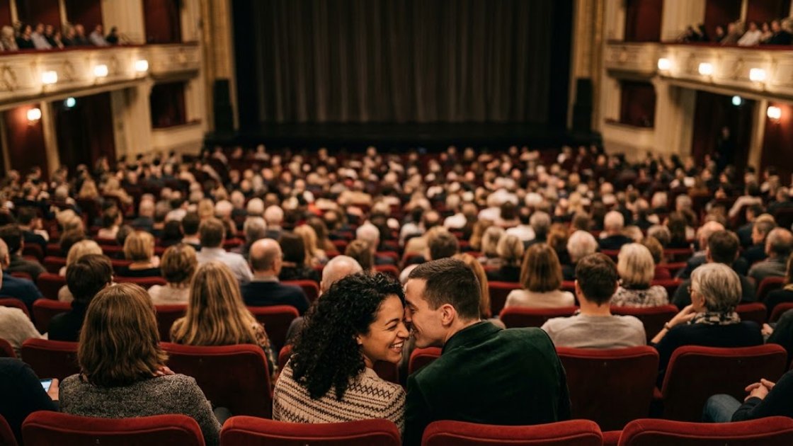 Two friends whispering in a full, darkened theatre audience
